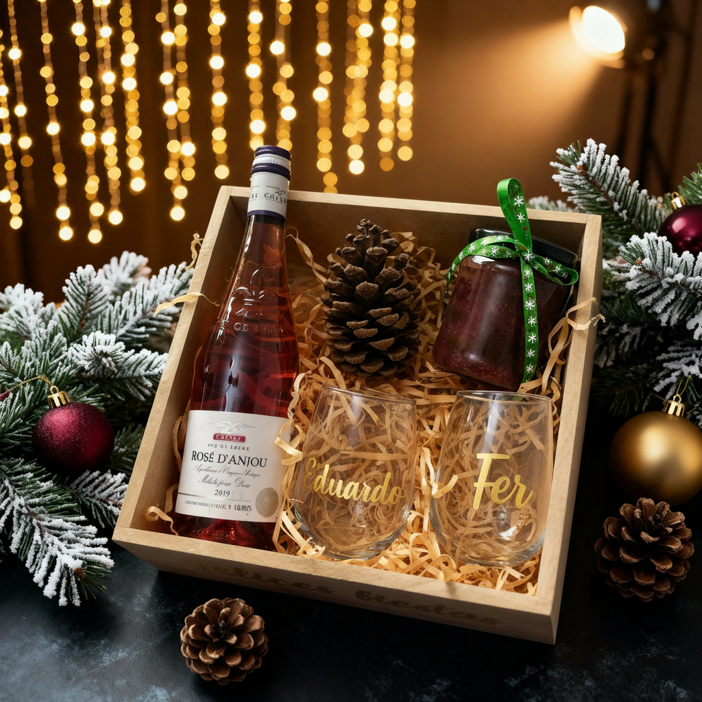 Caja de Regalo Corporativo con Vino Rosé y Copas Personalizadas – Edición Navideña